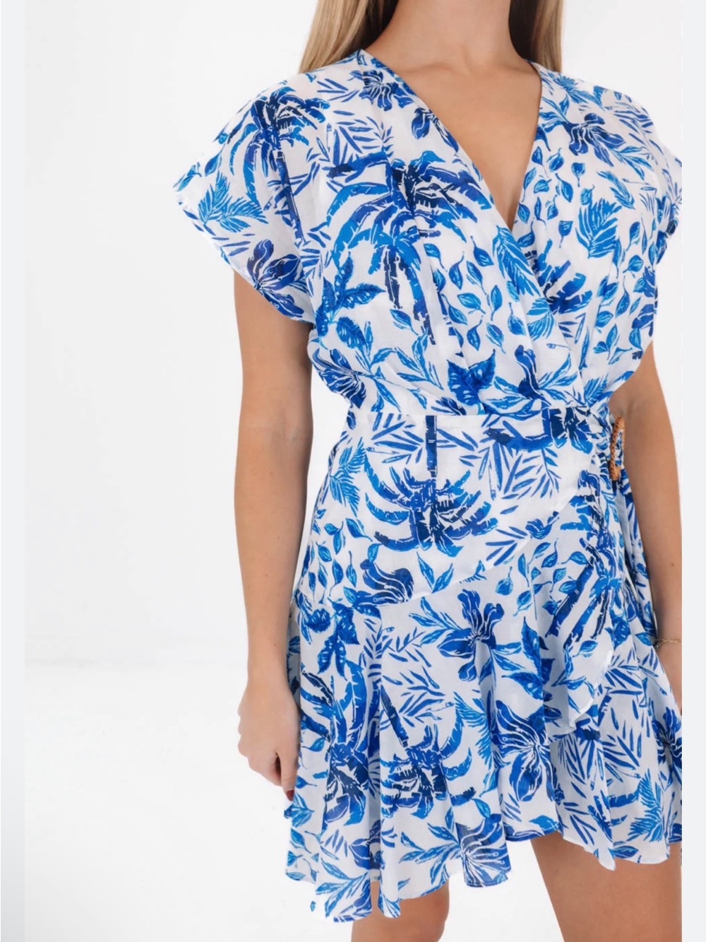 Women’s Wrap Romper Blue Palm Leaf-Print size  XL NWT $$158